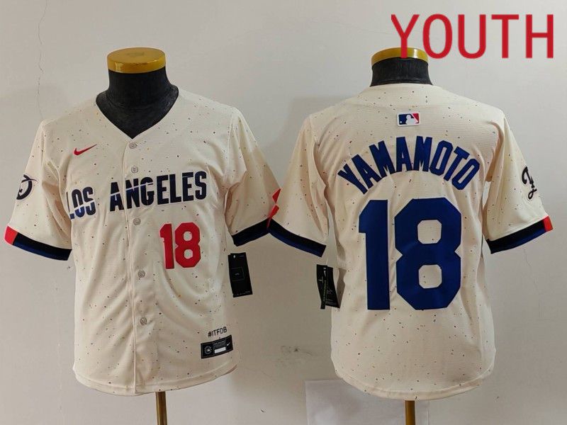 Youth Los Angeles Dodgers #18 Yamamoto Cream Fashion Nike Game MLB Jersey style 7012